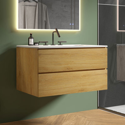 Meuble-lavabo simple 36 po avec dessus en céramique avec trop-plein Derrance, pré-assemblé