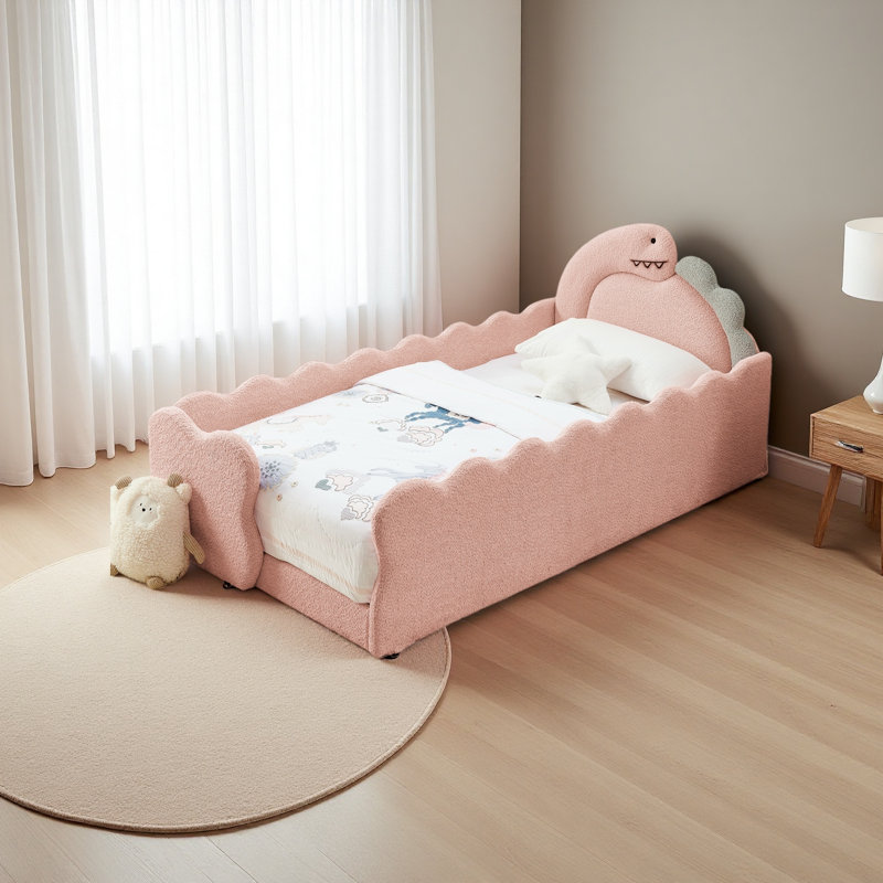 Twin Size Cute Dinosaur-Shaped Kids Bed With Safety Guardraild, Solid Wood Toddler Bed Frame For Children For Bedroom, Pink