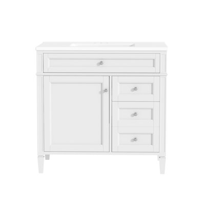 Meuble-lavabo moderne et minimaliste de 91 cm (36 po) avec lavabo en céramique, cadre en bois massif, 1 tiroir basculant, 2 tiroirs et organisateur de porte (blanc/gris/bleu)
