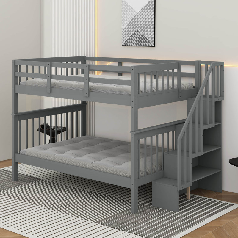 Lit double superposé au dessus d'un lit double avec rangement, Gris