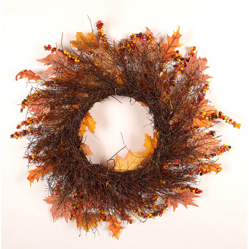 Couronne de porte artificielle d'automne 21 pi avec des feuilles d'érable orange, une lanterne, des fruits, des baies, des groseilles à maquereau pour une décoration murale d'extérieur
