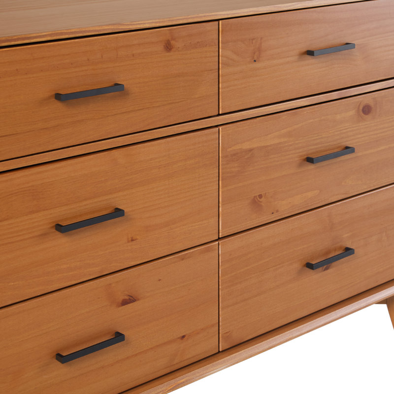 Caramel Solid Pine Wood 6-Drawer Dresser with Metal Handles