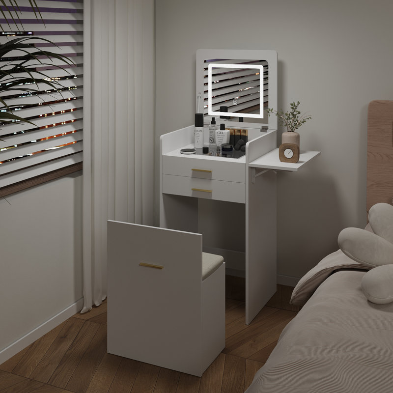 Dressing Table with LED Lighted Mirror, Makeup Vanity Desk with Stool and 2 Drawers, 50CM Desktop Vanity Table, White