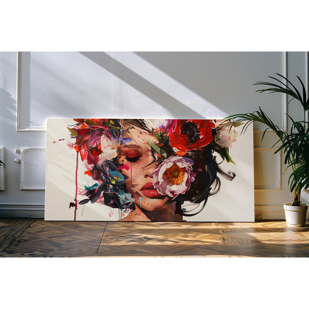 Wandbild 120x60cm Porträt einer jungen Frau fließende Farben Blumen Blüten