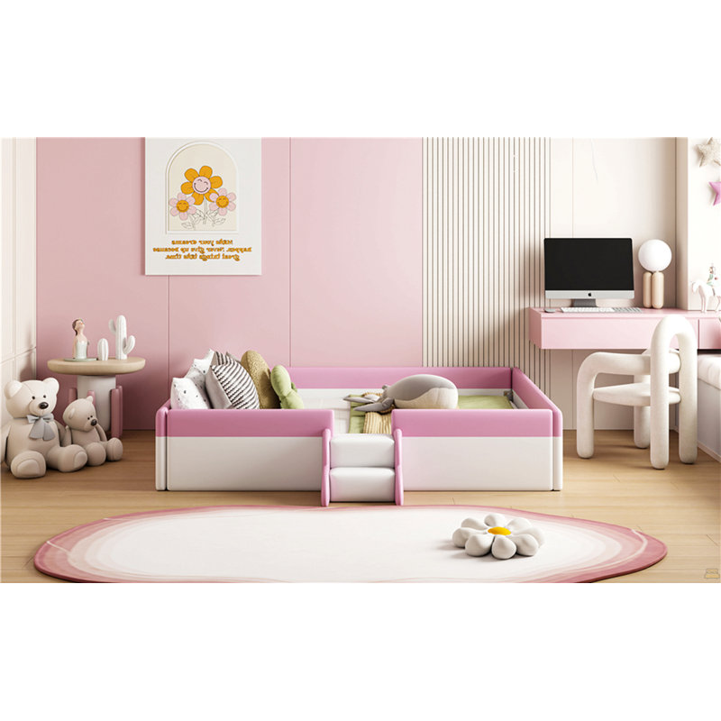 Queen Size Upholstered  Daybed Frame With Fence And Stairs, Queen, White/Pink