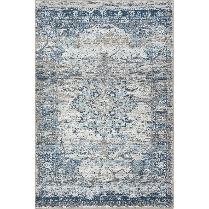 GLN Rugs Vintage Collection - Machine Washable Area Rug, Vintage Washable Rug, Non Slip Area Rug, Low Pile Living Room Rug, Bedroom Rug, Bathroom Rug - Easy Clean (Navy Blue and Gray Rug)