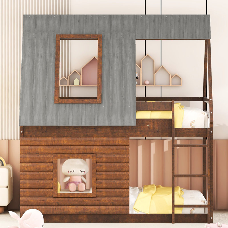 Lit superposé simple avec toit et 2 fenêtres - Fabrication en bois gris chêne fumé pour la chambre à coucher