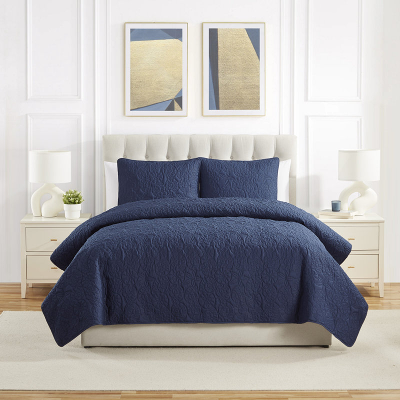 Ensemble de courtepointe 3 pièces Seashell, Bleu marine, Courtepointe grand + 2 couvre-oreillers standard