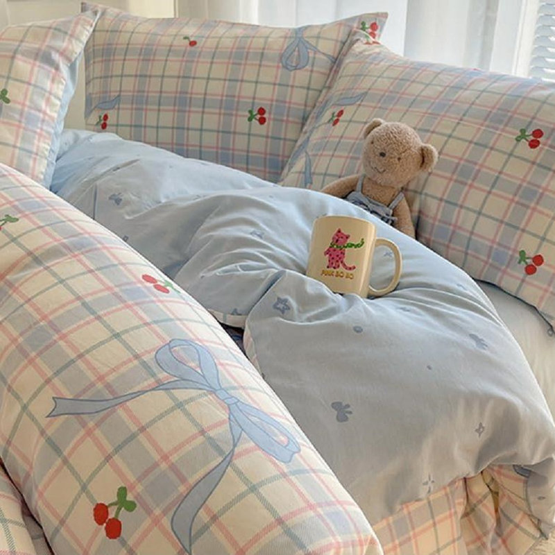 Housse de couette pour lit simple à motif écossais bleu et cerisier rouge, Housse de couette pour très grand lit + 2 taies d