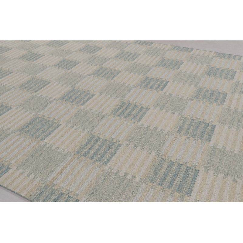Scandinavian Wool Geometric Area Rug in White, Blue