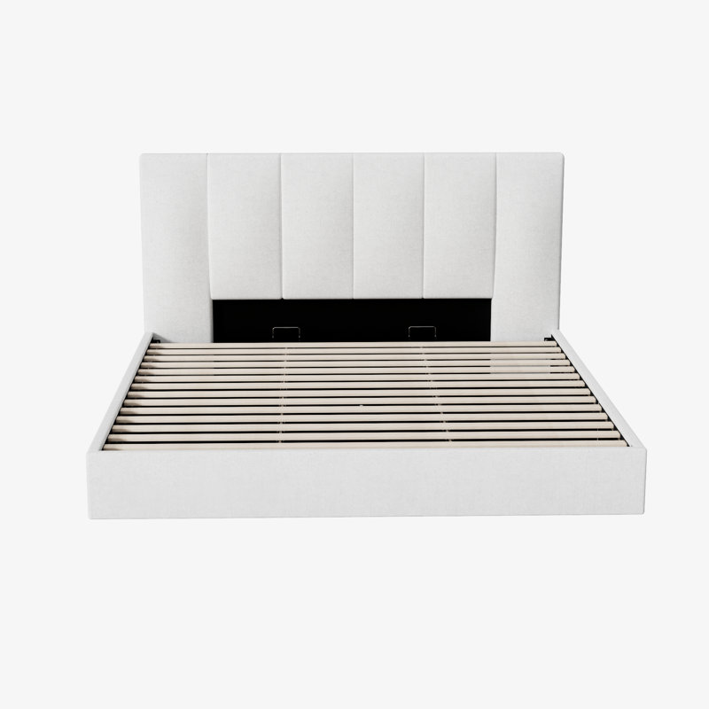 Upholstered Tufted Linen Platform Bed With Lift-Up Storage And Reinforced Slat Support, Pure White, California KIng