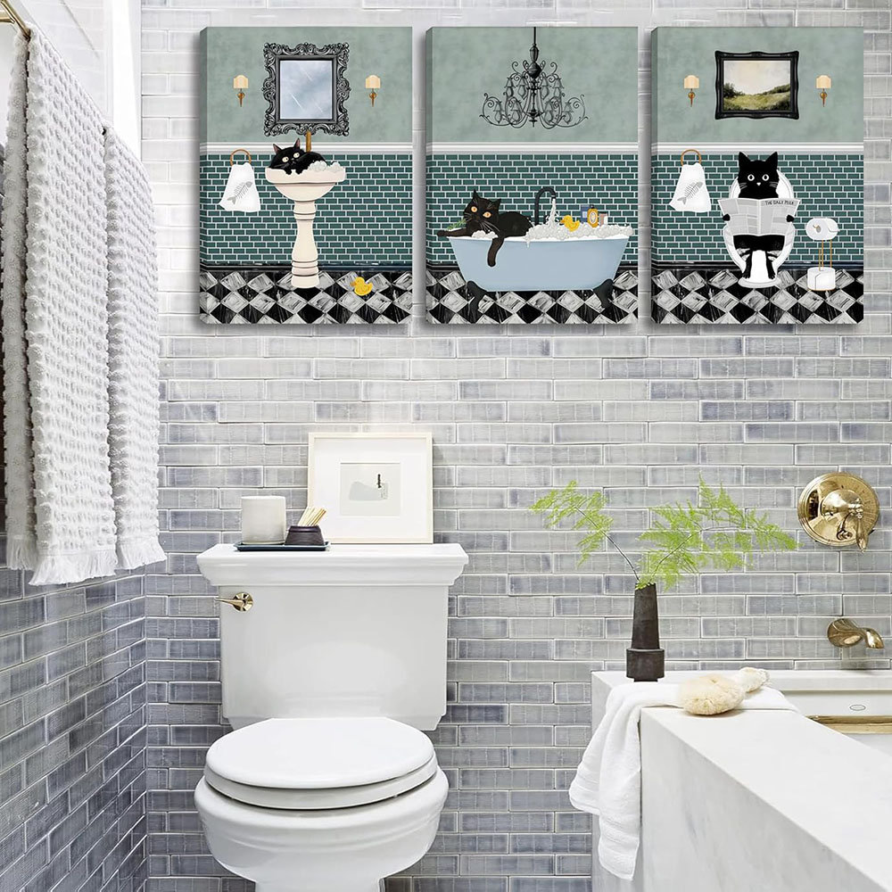3Pcs Framed Funny Bathroom Black Cat Canvas Wall Art Vintage Cat Taking Bath Reading Newspaper Poster Print Modern Blue Bathroom Decor Pictures Painti