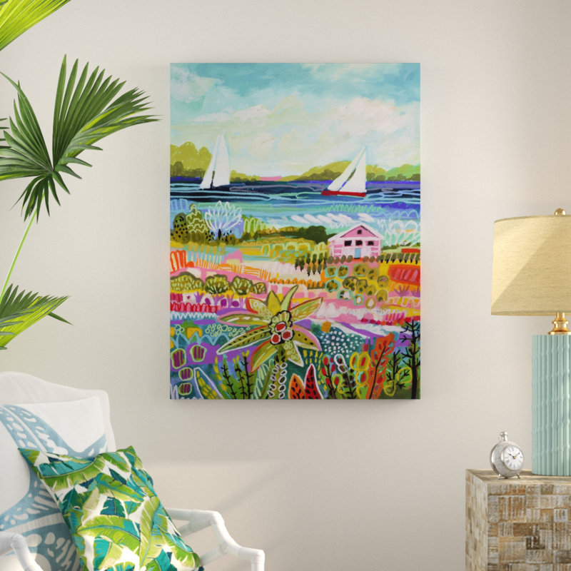 «Two Sail Sailers and Cottage I», peinture sur toile tendue, H 47 po x l 35 po x P 2 po