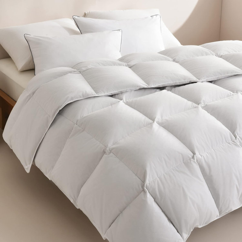 All-Season Goose Feather Down Comforter Soft 100% Cotton Fabric Duvet Insert With Corner Tabs, Queen