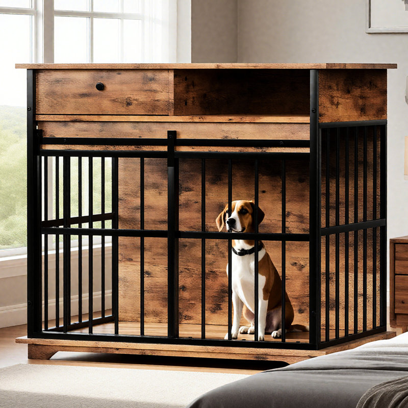 Safe Dog Cage With Solid Wood Top, 69.27 Lb, Good For Puppies And Secure Kennel Rounded Bars, 34.67 Inches Long, Indoor Use