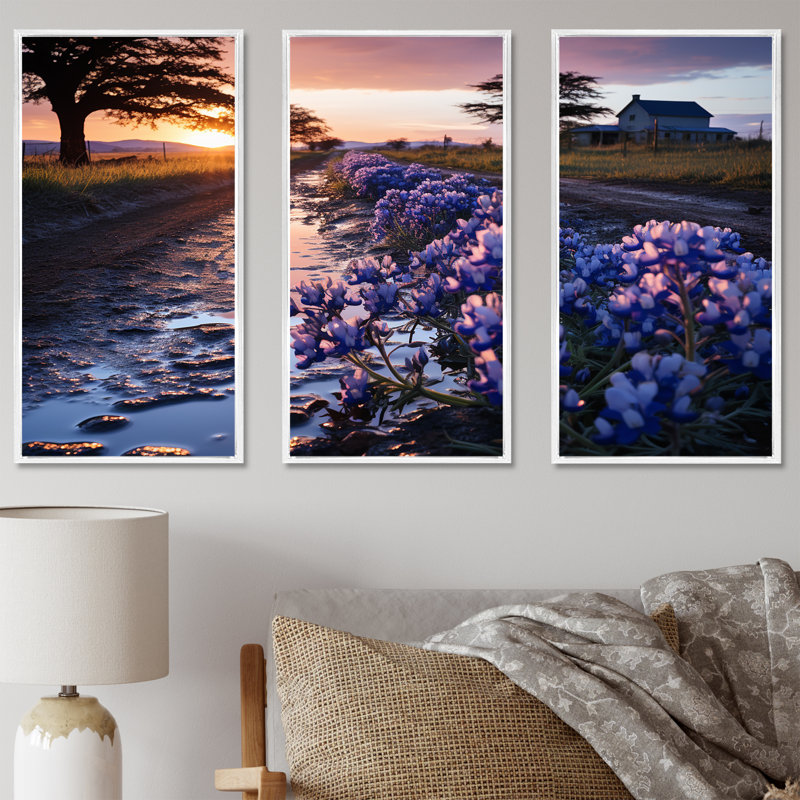 Ensemble de salon mauve à champ mauve avec coucher de soleil - Bonnets bleus, H 28 po x l 36 po x P 1 po