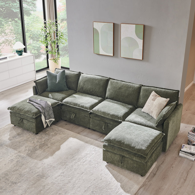 Canapé modulaire 116,54 "avec grand espace de rangement, canapé modulaire en U en chenille avec repose-pieds, avec coussins de siège profonds et coussins décoratifs