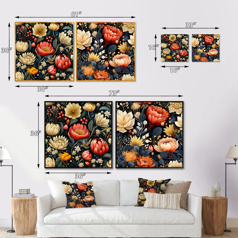 Perrault - Ensemble de 2 collages carrés floraux, Cadre flottant noir, H 16 po x l 33 po