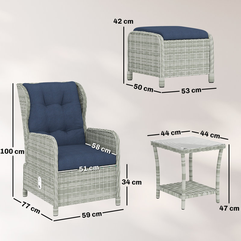 Outsunny 5 Pieces Rattan Bistro Set Adjustable Back, Blue Cushion/Grey Frame
