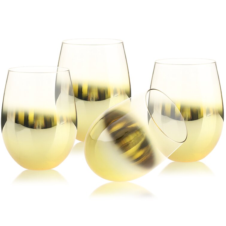 Stemless Wine Glasses with Silver Metallic Smokey Gradient Ombre Design, Set of 4