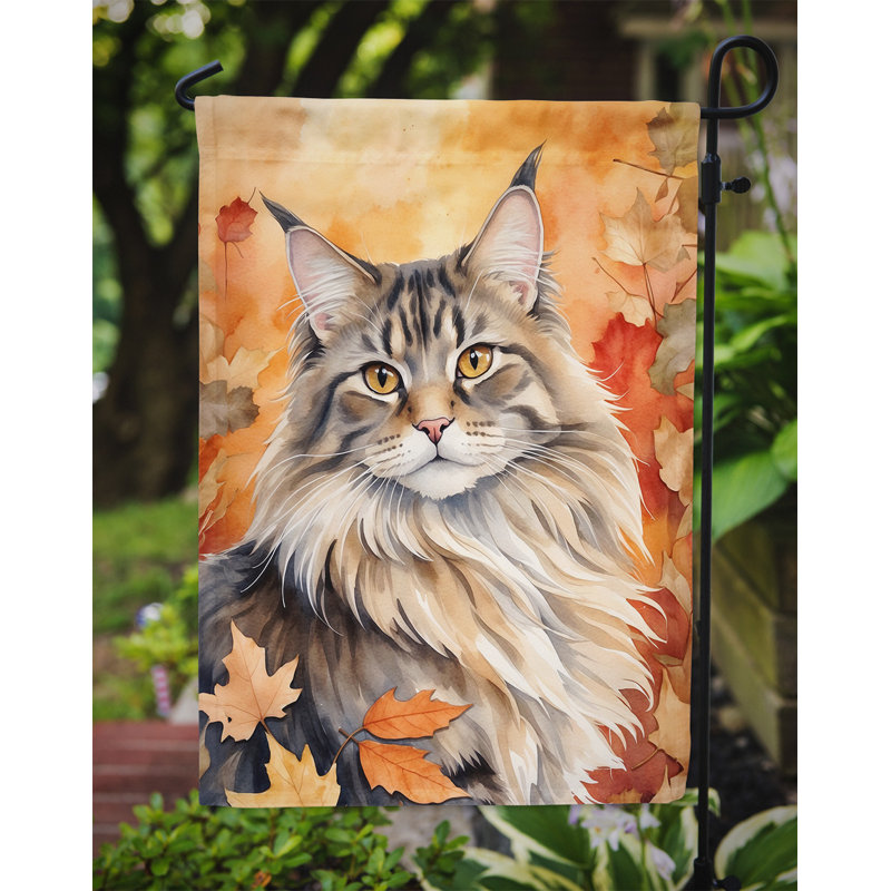 Chat en feuilles d'automne drapeau de jardin, MaineCoon