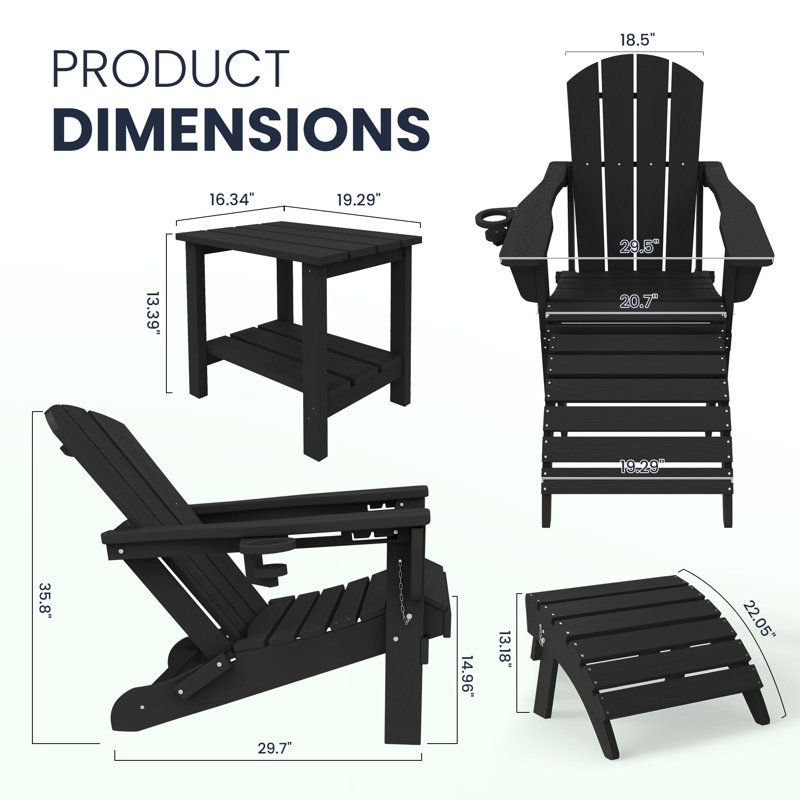 Ensemble de chaises Adirondack en plastique 5 pièces avec table d'appoint et repose-pieds Dalson, Noir, noir, noir, noir