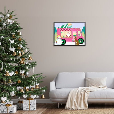 Père Noël au service de cônes de neige, conception fantaisiste encadrée noire, art texturé par Laura Konyndyk