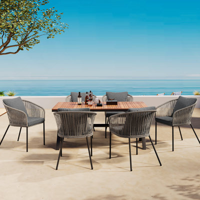 Ensemble de salle à manger 7 pièces pour patio, ensemble de meubles d'extérieur toutes saisons avec table et chaises, plateau de table en bois d'acacia, structure en métal, pour jardin, cour, balcon, gris