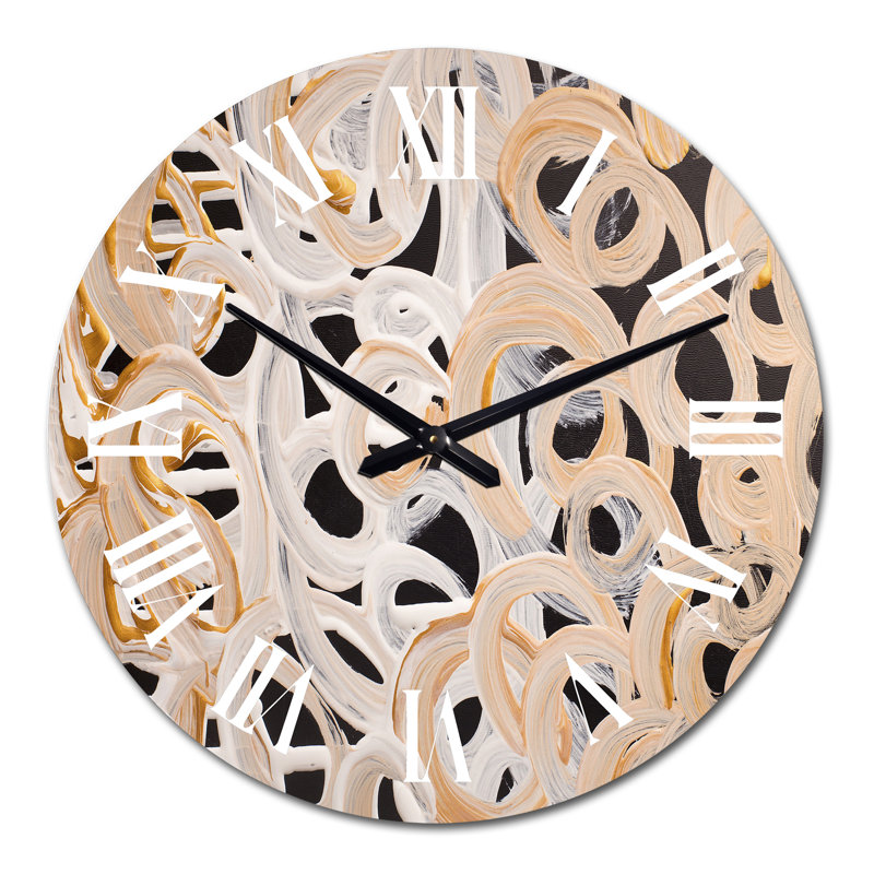 Horloge murale abstraite à tourbillons circulaires bruns sur fond noir, Grand