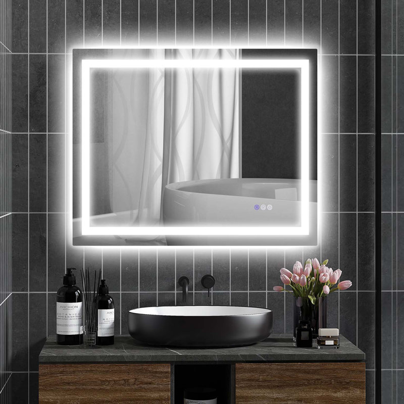 Miroir de salle de bain à DEL avec lumières, miroir à DEL rétroéclairé de 39 po x 32 po pour salle de bain, anti-buée, mémoire, température de couleur infinie, miroir de meuble-lavabo mural à intensité variable, horizontal / vertical