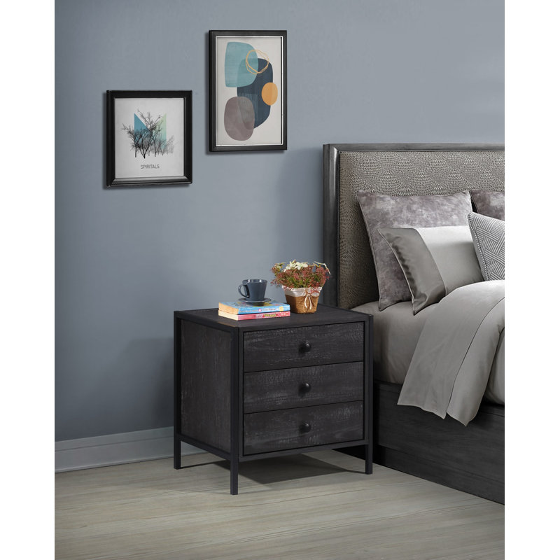 Harrold 53.8cm W Manufactured Wood Bedside Table, Black