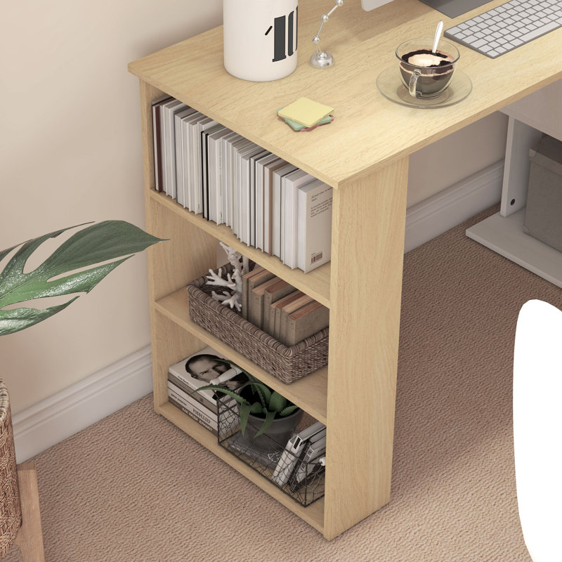 HOMCOM L Shaped Desk with Bookshelf, Natural