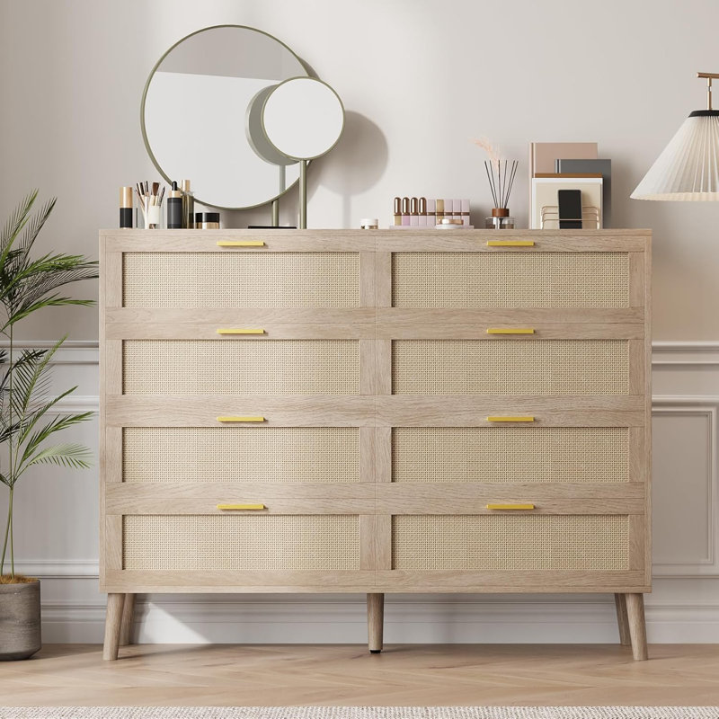 Commode 8 tiroirs en rotin, commode moderne Mid-Century avec poignées pour placard, commode en rotin pour chambre à coucher, commode en bois pour chambre à coucher, salon, chêne