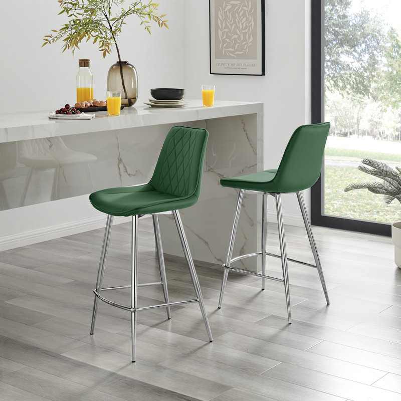 Palermo Velvet Modern Quilted Kitchen Breakfast Bar Stools - Upholstered Design, Silver, Green