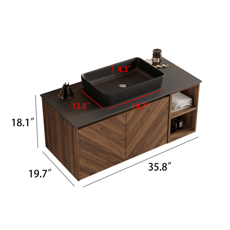 36" Wall-Mounted Brown Wood Bathroom Vanity with Black Ceramic Sink, Pre-Drilled Single-Hole Faucet Hole, Pop-Up Drain & P-Trap Included