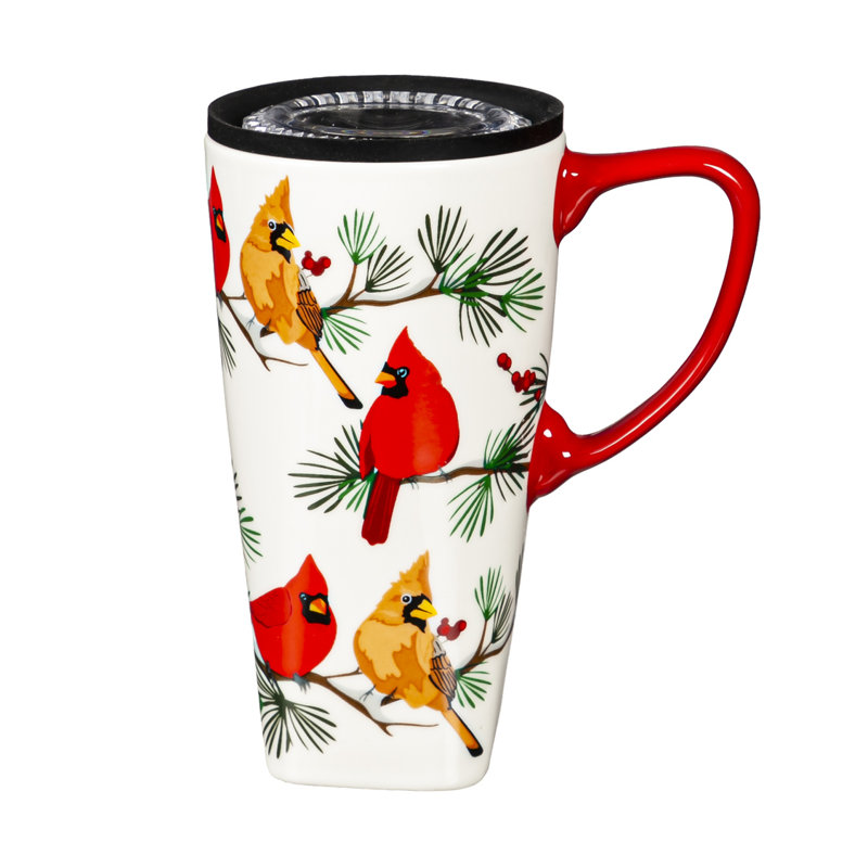Tasse de voyage en céramique FLOMO 360, 17 oz Avec boîte, Cardinals perchés