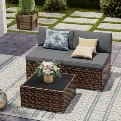 Comanche 26.3" H 3-Piece Outdoor Seating Group with PE Wicker and Steel Frame.