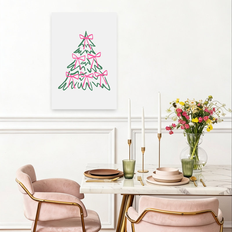 «Pink Bow Christmas Tree Abstract Contemporary Christmas Tree Winter Landscape», reproduction d'art mural, 24" H x 16" W