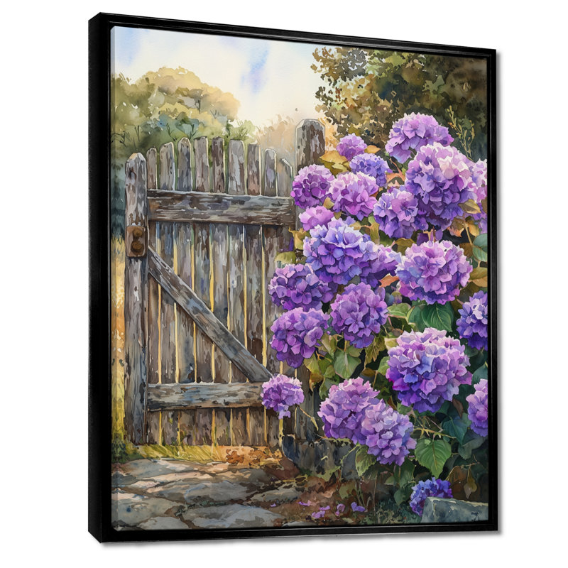 «Alayna Summer Hydrangeas By The Farm Fence I», reproduction sur toile, H 32 po x l 24 po, Reproduction avec cadre flottant