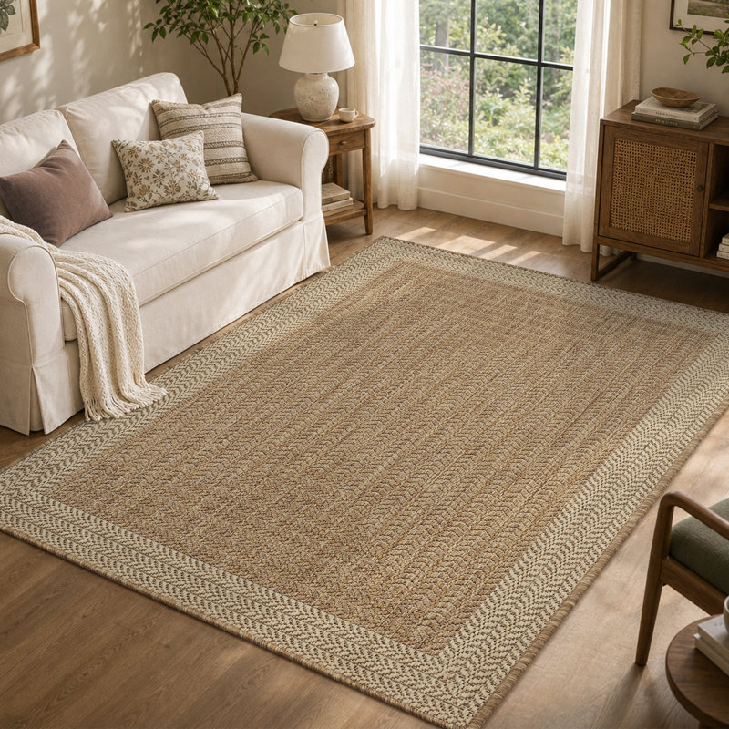 UV-Resistant Geometric Herringbone Indoor/Outdoor Area Rug In Natural Beige, Rectangle 3' x 5'