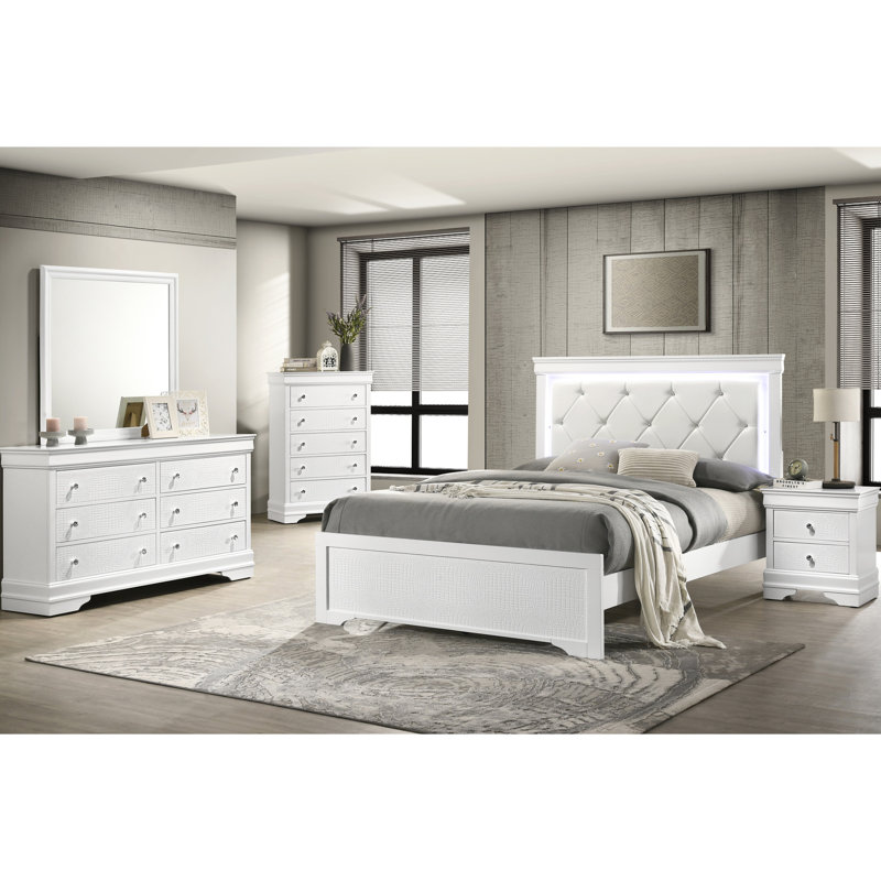 Grand lit rembourré Blaze de style moderne avec tête de lit à DEL et bois blanc