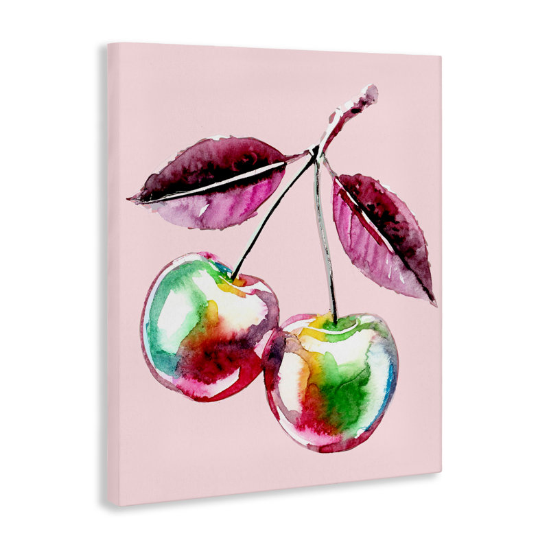 Cerises chromées sur toile rose, design par Lil 'Rue, H 20 po x l 16 po
