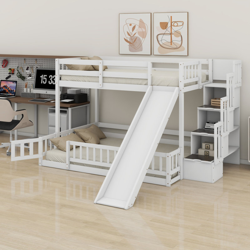 Lit superposé avec glissade, escalier de rangement et garde-corps de sécurité, Blanc
