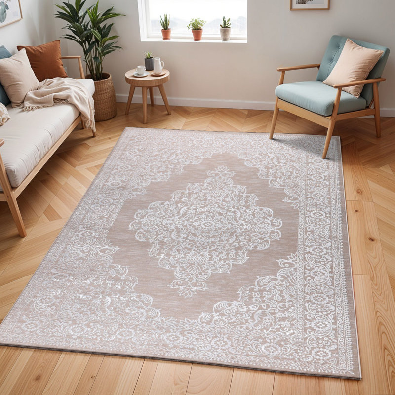 Beige Traditional Rug, Bordered Floral Easy to Clean Rug For Living Room, Dining Room, Bedroom, Rectangle 80 x 150cm