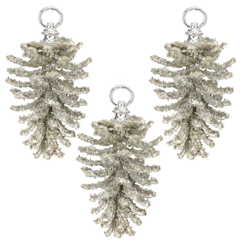 Ornement en forme de pomme de pin glacée 7 po, Silver