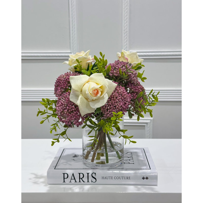 Real Touch Rose Arrangement: Lavender, Pink Berries in Glass Vase