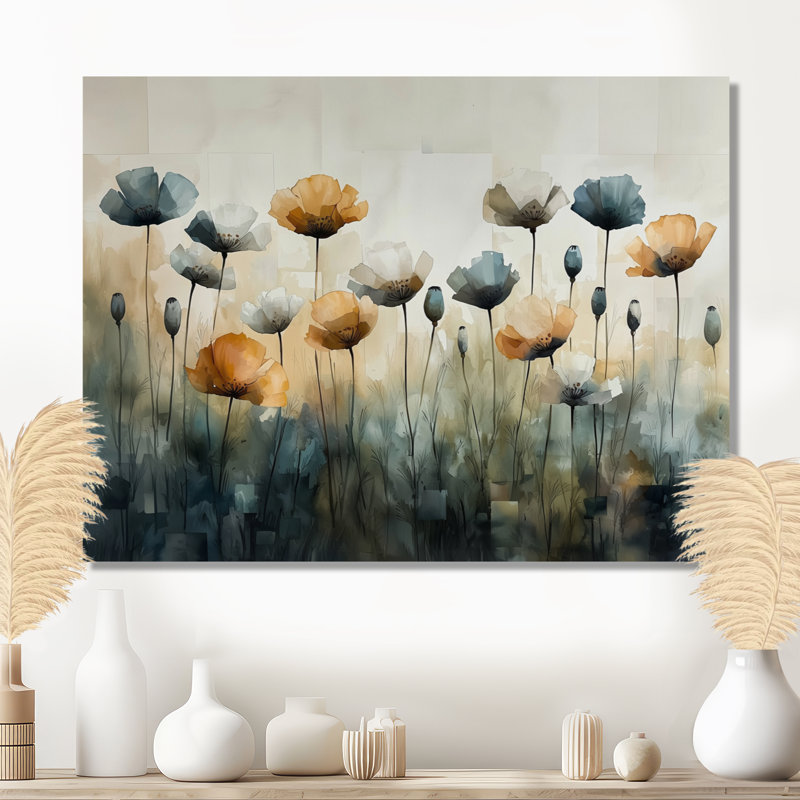 Hiver, minimalisme, coquelicots, champ II - coquelicots, art mural, H 12 po x l 20 po, Toile tendue