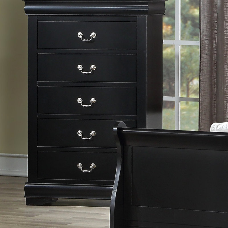 Commode 1 pièce à 5 tiroirs Louis Philip en bois massif avec design élégant et rangement, Noir