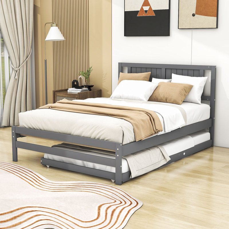 Full Size Wooden Platform Bed with Trundle, Gray