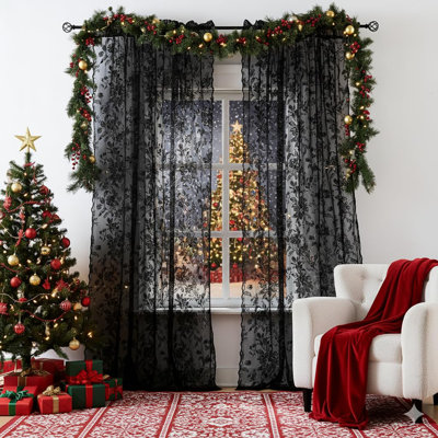 Black Lace Curtains For Living-Room 84 Inch Length, Fine Rose And Leaf Embroidered Light Filtering French Country Curtains For Bedroom, Vintage Delicate Floral Sheer Window Drapes 52" W Rod Pocket